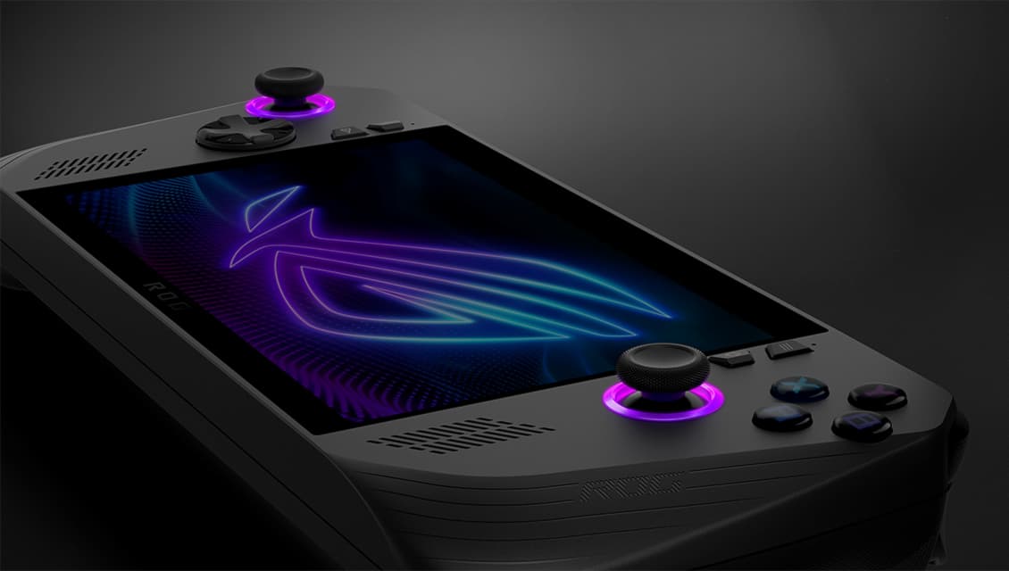 A view from the side of the ROG Ally X, with emphasis on the ROG logo onscreen and the RGB around the joysticks.