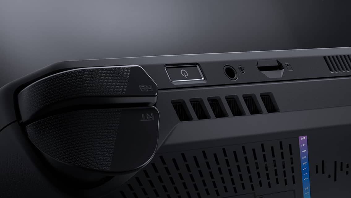 An extreme close up of the rear of the ROG Ally X, with emphasis on the right rear triggers.