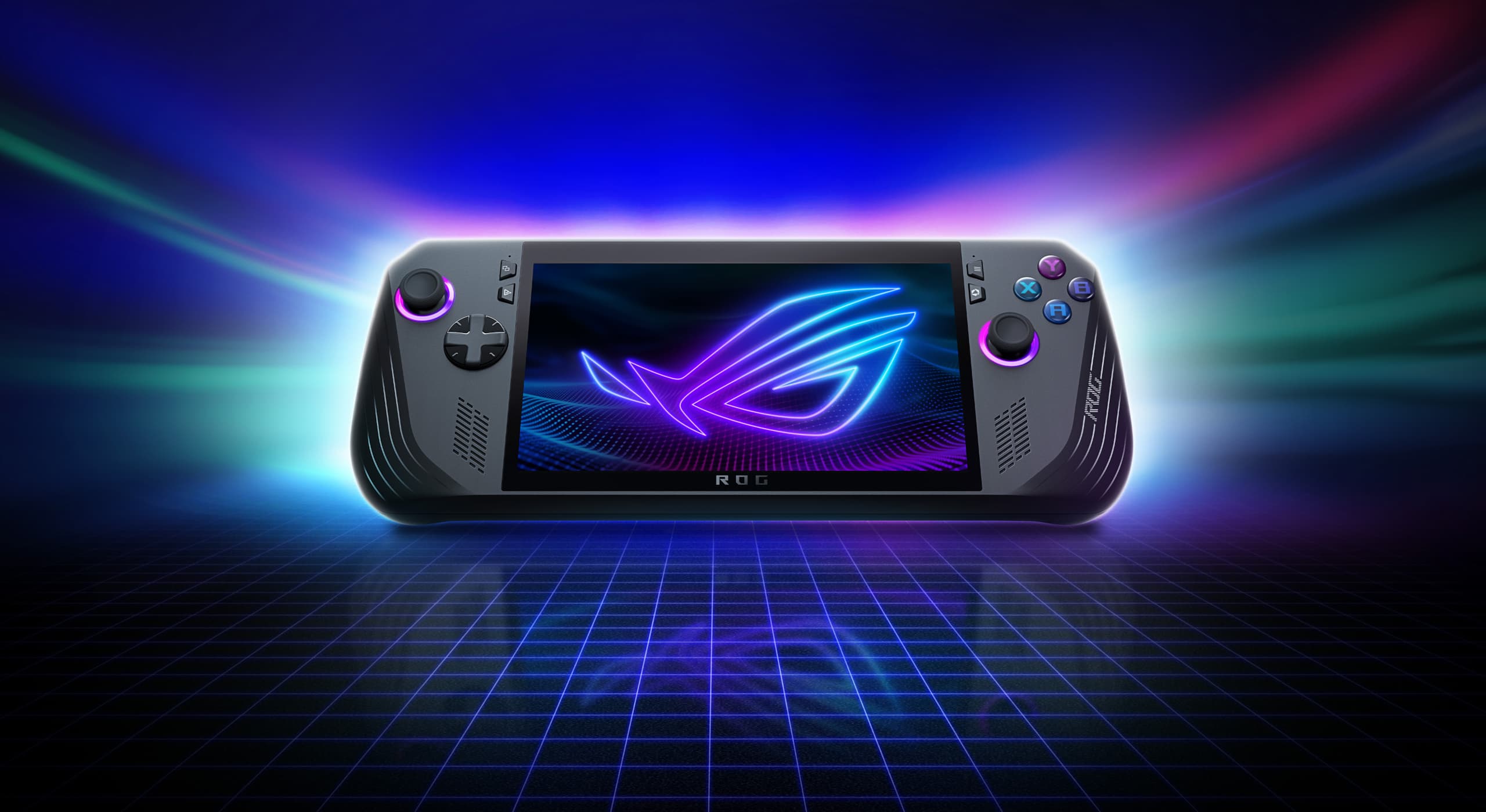 An ROG Ally X with the ROG Fearless Eye logo on screen, with text superimposed on the image saying “ROG Ally X, #playALLYourgames, LEVEL UP”.