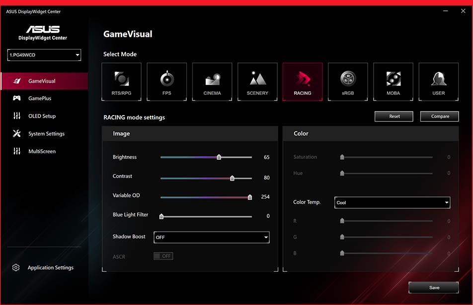 The new ASUS DisplayWidget Center UI showing system settings, OLED functions, and more.