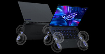 A front and rear view of the ROG Flow X16 laptop with the speakers highlighted on the top and bottom.