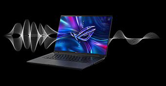 Ноутбук ROG Flow X16 на черном фоне. Позади экрана изображены белые звуковые волны.