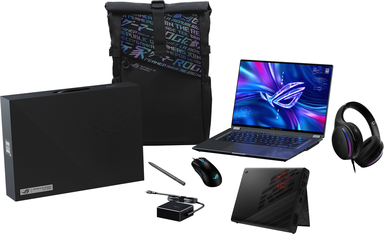 Ноутбук ROG Flow X16 вместе с док-станцией ROG XG Mobile, гарнитурой, рюкзаком и упаковочной коробкой на черном фоне с белой надписью «Комплектация».