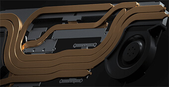 A close-up render of copper heatpipes atop a laptop motherboard