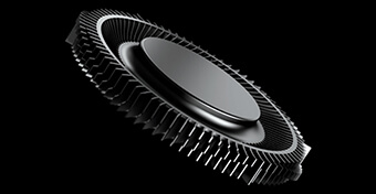 A close-up render of an ROG Arc Flow fan on a black background