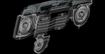 A render of the ROG Flow X16 heatsinks and fans on a black background