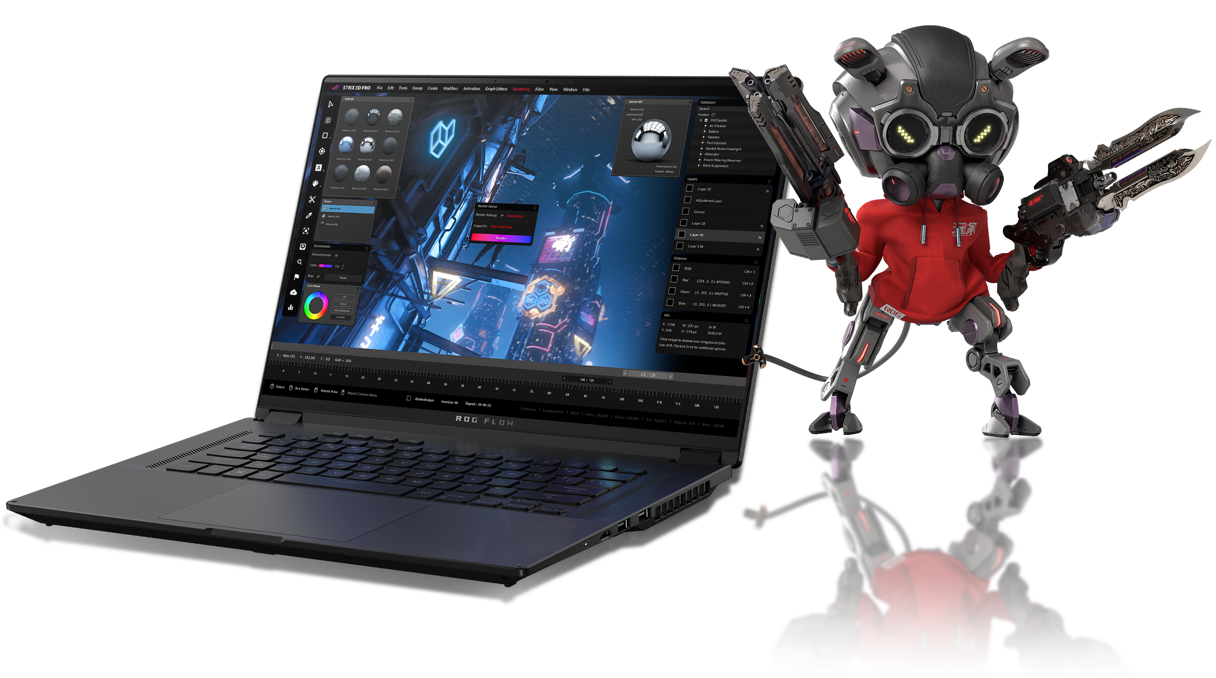 Avonainen Flow X16, jonka näytöllä on auki ROG SAGA. 3D-tekniikalla luotu OMNI-hahmo seisoo laitteen oikealla puolella kahden aseen kanssa.