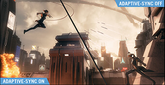 An in-game image split in two, with one side reading “Adaptive-Sync On” and the other reading “Adaptive-Sync Off” with noticeable tearing in the image