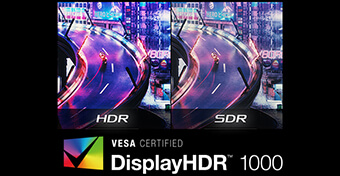 To spilskærmbilleder side om side med teksten HDR og SDR nederst i billedet, hvor HDR-billedet viser mere levende farver, og Vesa Certified DisplayHDR 1000-logoet synligt langs bunden
