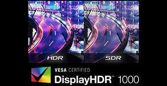 Hai màn hình game đặt cạnh nhau với các phụ đề HDR và SDR, với hình ảnh HDR hiển thị màu sắc sống động hơn và logo Vesa Certified DisplayHDR 1000 hiển thị dọc bên dưới