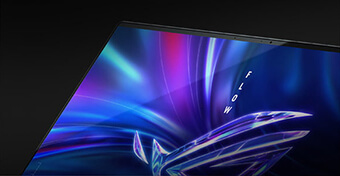 A close-up render of the corner of the ROG Flow X16 display and its bezels, with the ROG logo visible on-screen