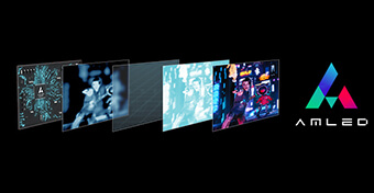 En serie med bilder i spillet stilt opp ved siden av AMLED-logoen