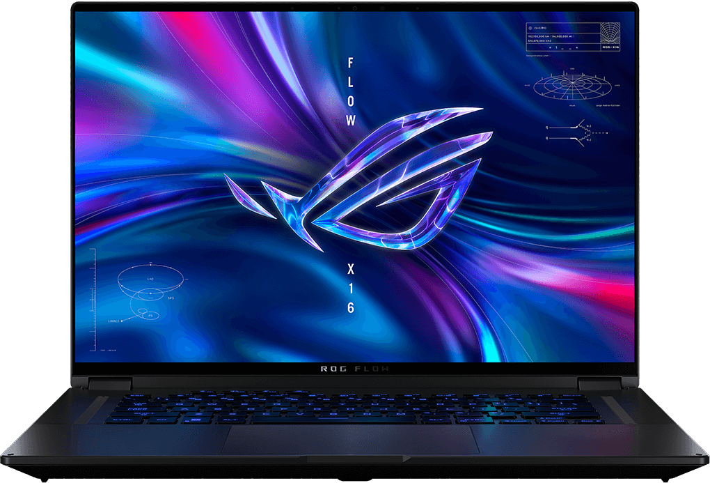 The ROG Flow X16 laptop on a black background, with an ROG logo visible on screen and text reading 'Display'