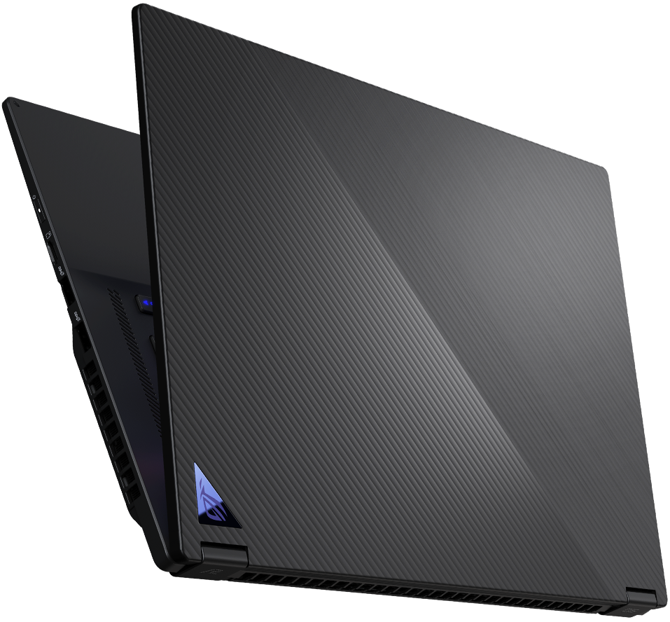 Приоткрытый ноутбук ROG Flow X16 на черном фоне.