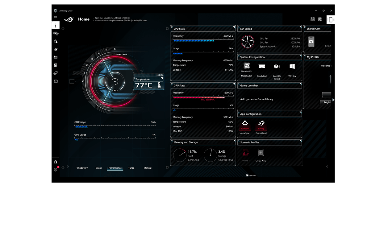 A screenshot of ROG’s Armoury Crate software showing system status and toggle-able functions
