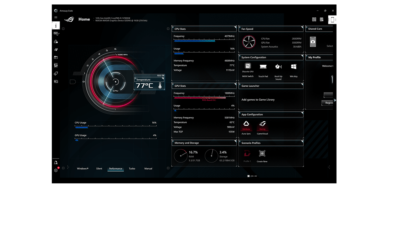 Et skærmbillede af ROG's Armoury Crate-software, der viser systemstatus og funktioner, der kan slås til og fra