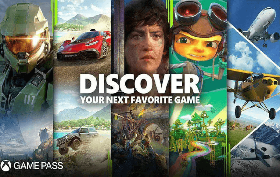 Useasta osiosta koostuva kuva, jolla mainostetaan eri pelejä. Kuvan vasemmassa alanurkassa on Xbox Game Pass -logo, ja kuvan päällä lukee ”Discover your next favorite game.”