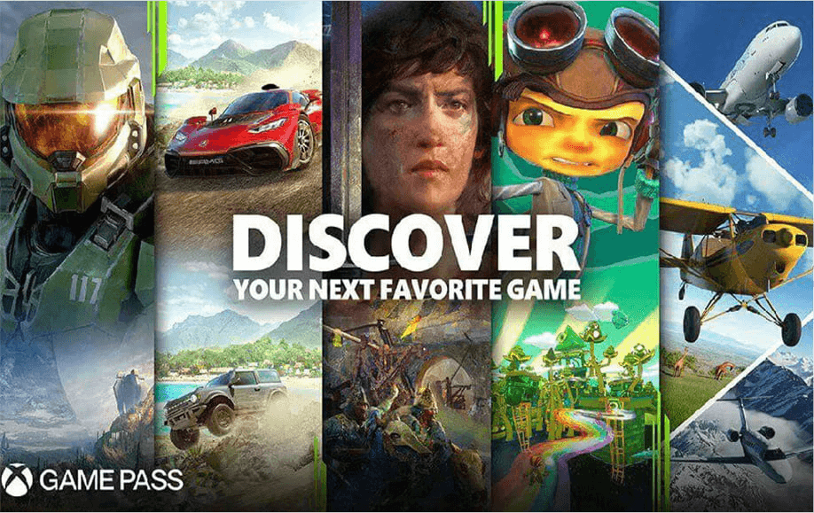 Multiple pieces of in-game promotional art with the Xbox Game Pass logo visible and text reading “Discover your next favorite game.”