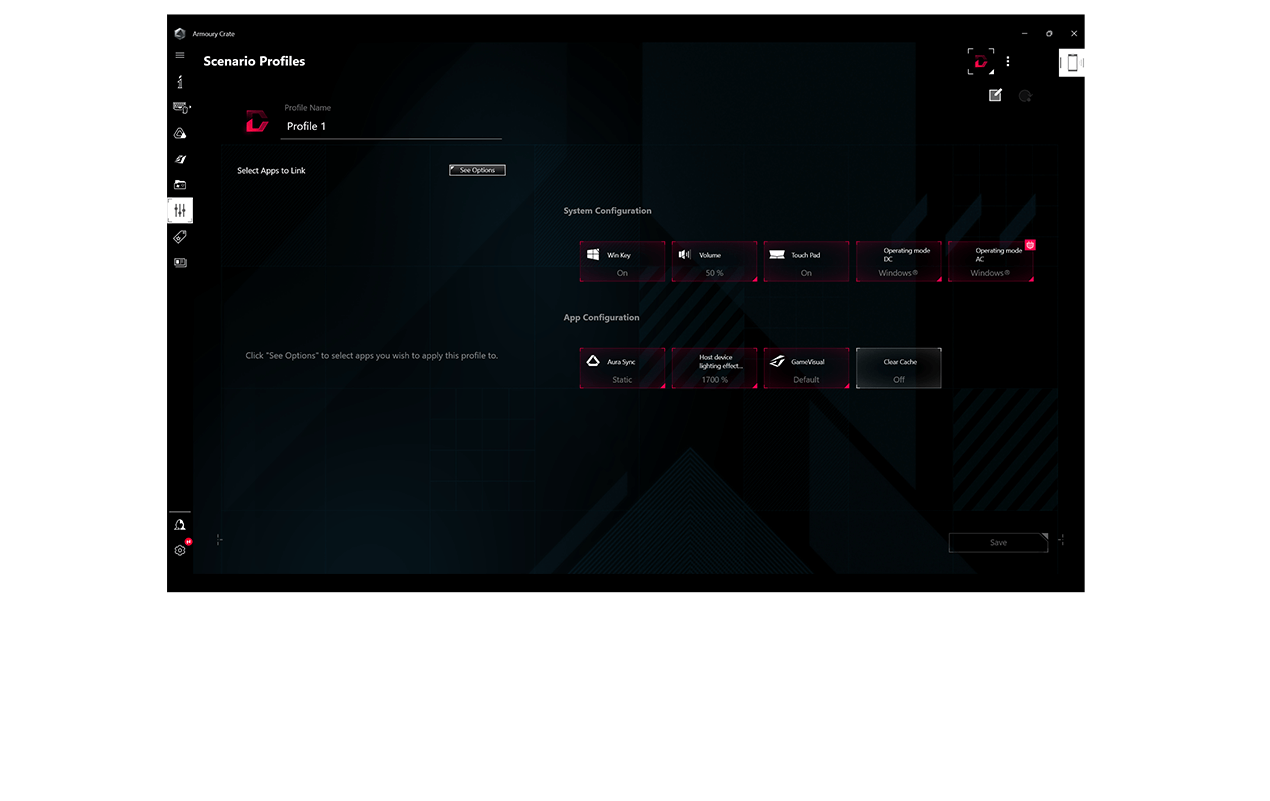 Een screenshot van ROG's Armoury Crate software toont scenarioprofielen voor verschillende soorten gebruik.