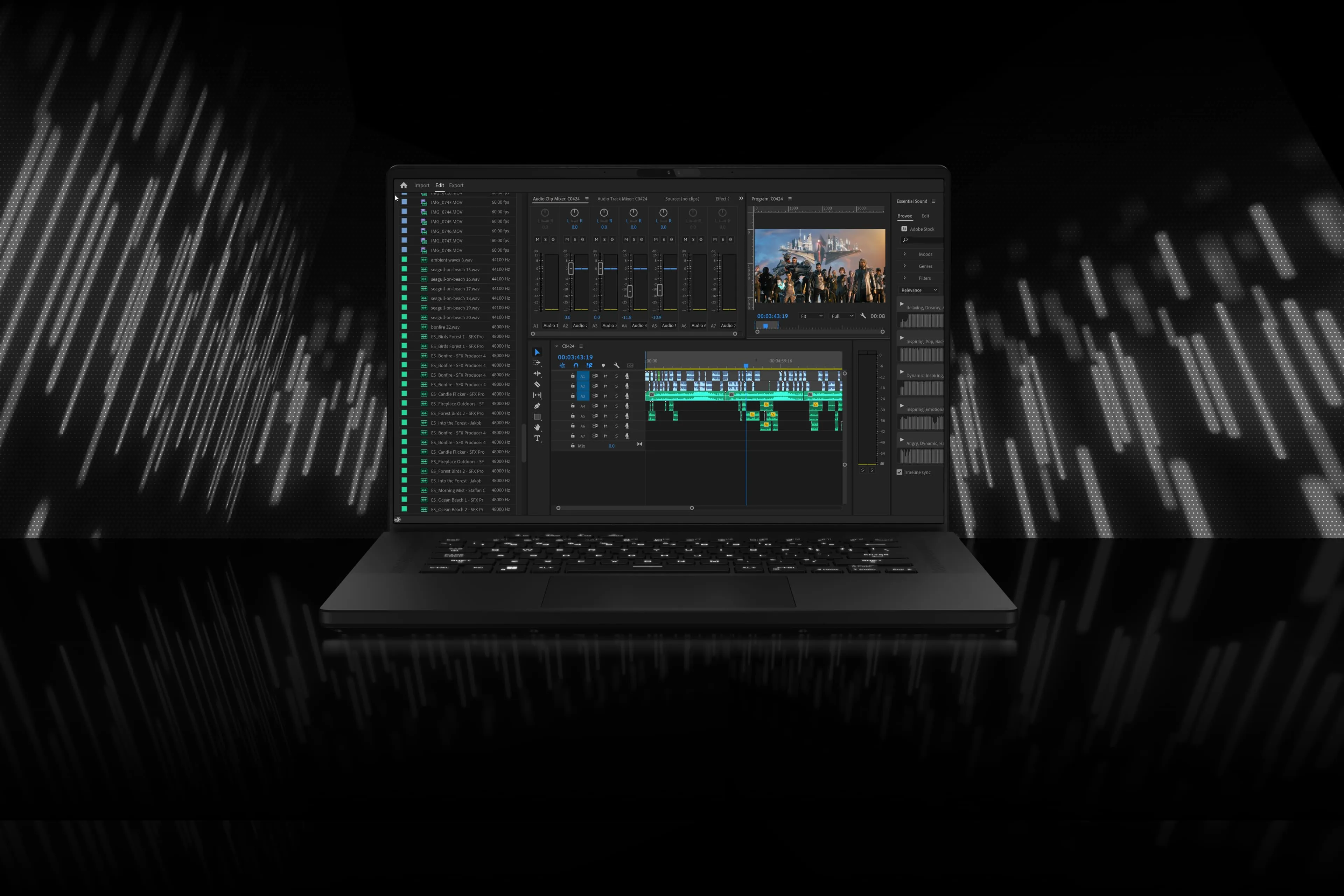 Ноутбук ROG Zephyrus M16 показан с открытым приложением для редактирования аудиоматериалов. Из него выходят стилизованные звуковые волны.