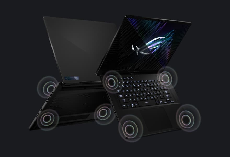 Hình ảnh M16 với các biểu tượng hiển thị âm thanh trong không gian xung quanh laptop.