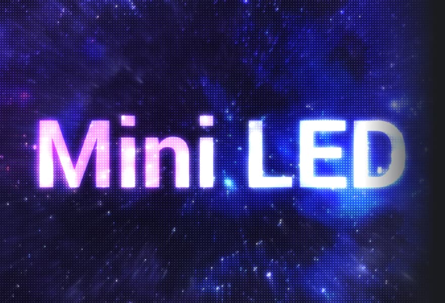 Las palabras "Mini LED" sobre un fondo azul oscuro y morado.