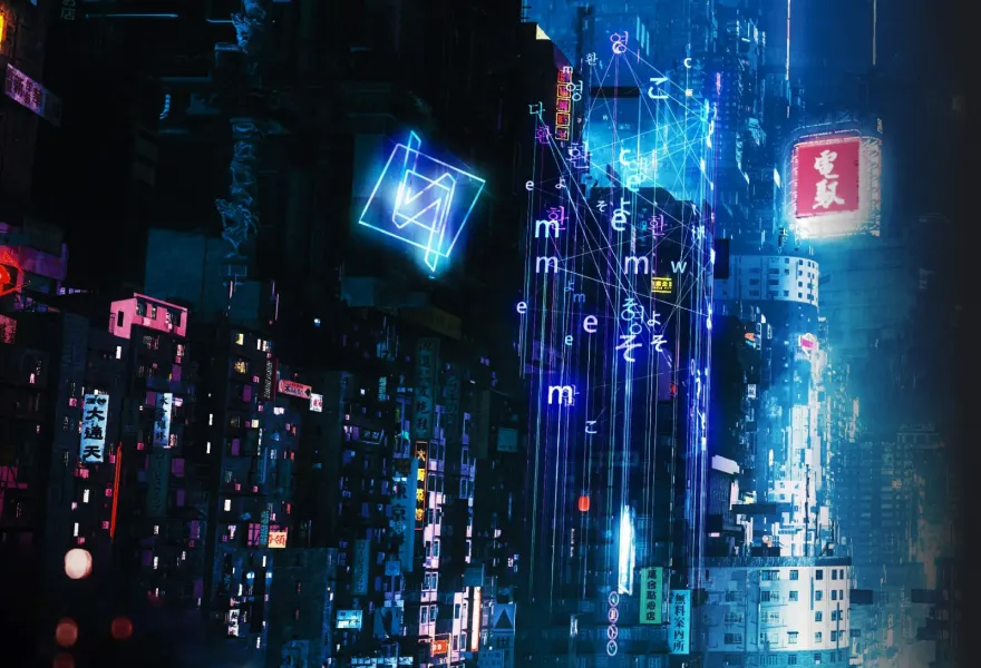 Cena ciberpunk com a vista de uma cidade iluminada por néons do universo ROG SAGA.