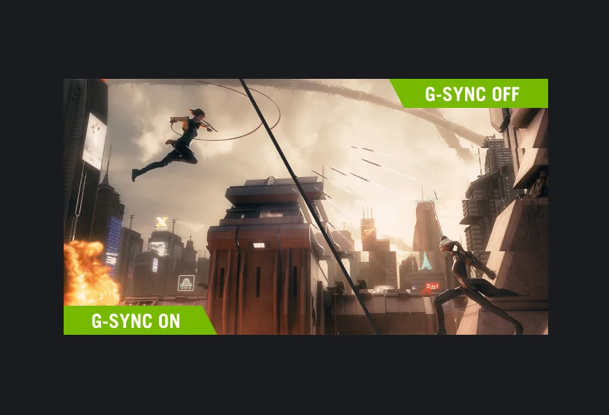 Photo of an ROG SAGA character leaping from one skyscraper to another, showing off G-SYNC technology.