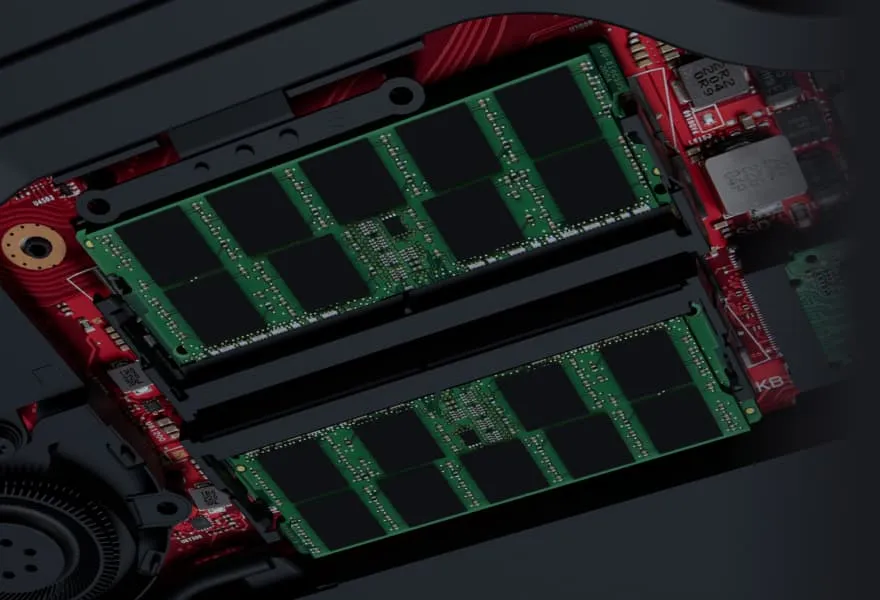 3D rendering of two DDR5 SO-DIMMs installed in the machine.