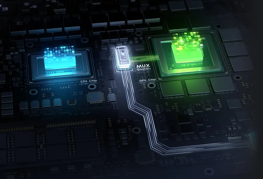 Artistieke weergave van het signaalpad tussen de CPU, GPU, MUX Switch en scherm.