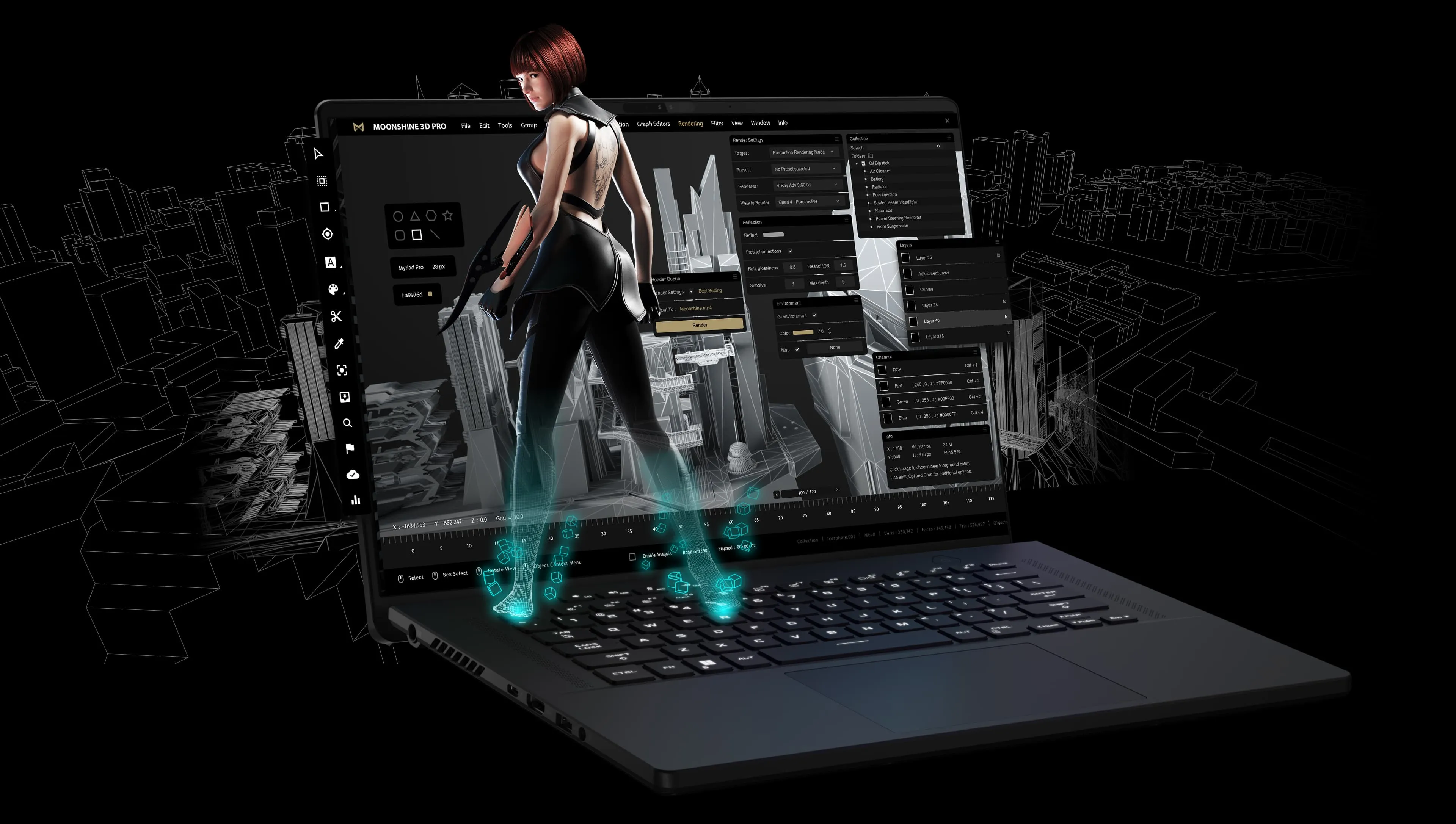 ROG SAGA character SE7EN partially rendered above the Zephyrus M16’s keyboard, with game development software and a cityscape scene seen on screen.