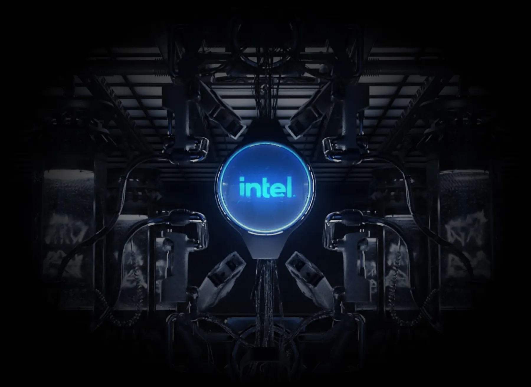 Intel-logo op een donkere achtergrond.