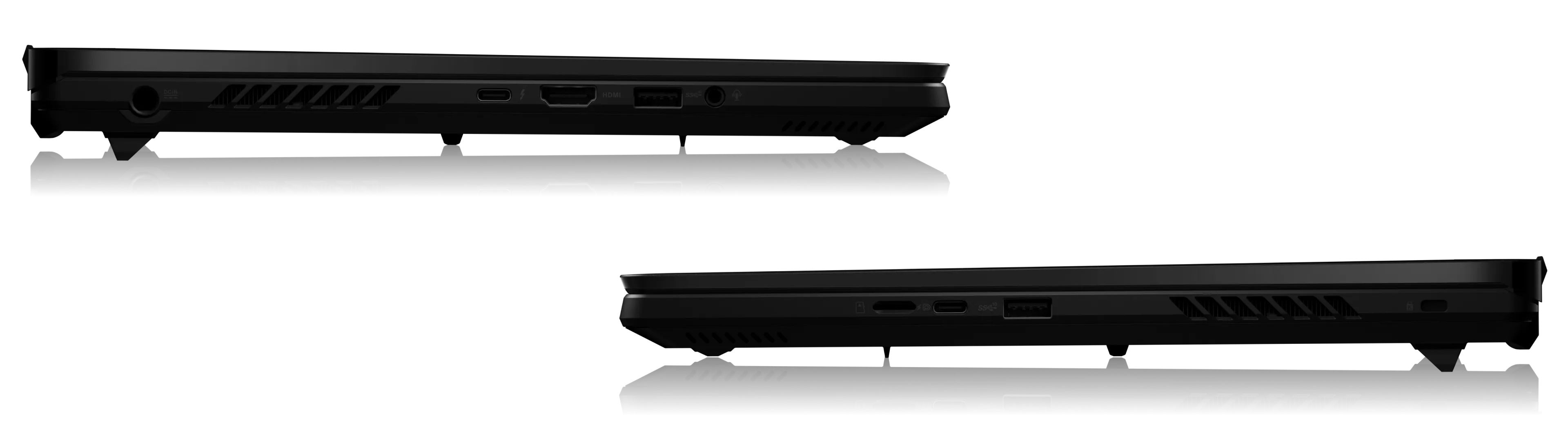 Ноутбук ROG Zephyrus M16 показан в профиль слева и справа с обозначением всех его интерфейсных разъемов.