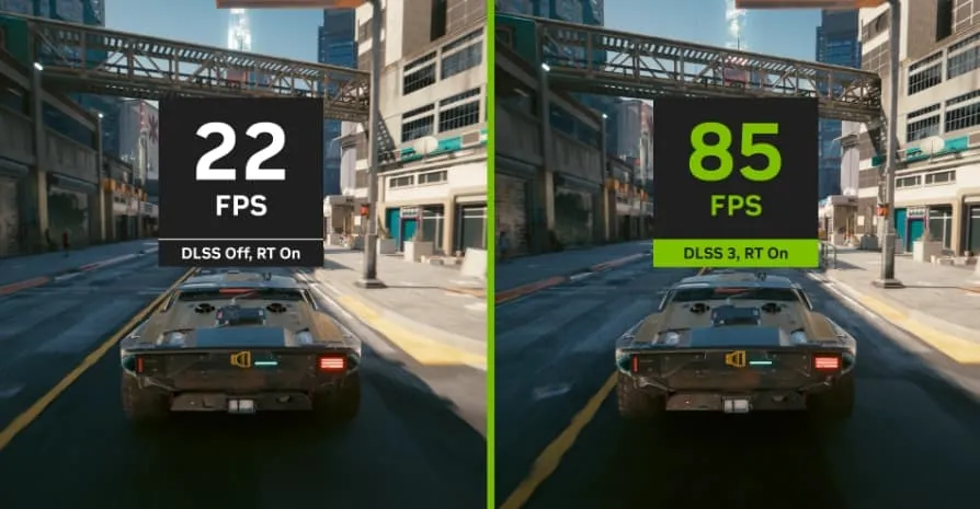 Side by side screenshots of gameplay, on the left showing low FPS with DLSS disabled and ray tracing turned on, with the right showing substantially higher FPS with DLSS 3 enabled along with ray tracing.