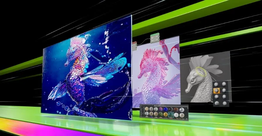 Hình ảnh một chú cá ngựa với phần mềm sáng tạo 3D, trên ba màn hình hiển thị các bước dựng mô hình và tạo màu khác nhau.