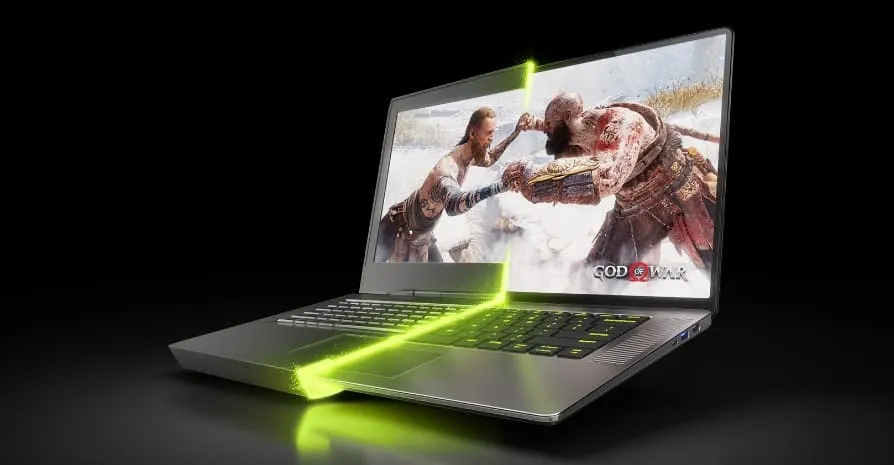 Image of God of War on a laptop screen, with the left half of the machine being much thicker with larger bezels, and the right half showing more modern thin and light gaming laptops.