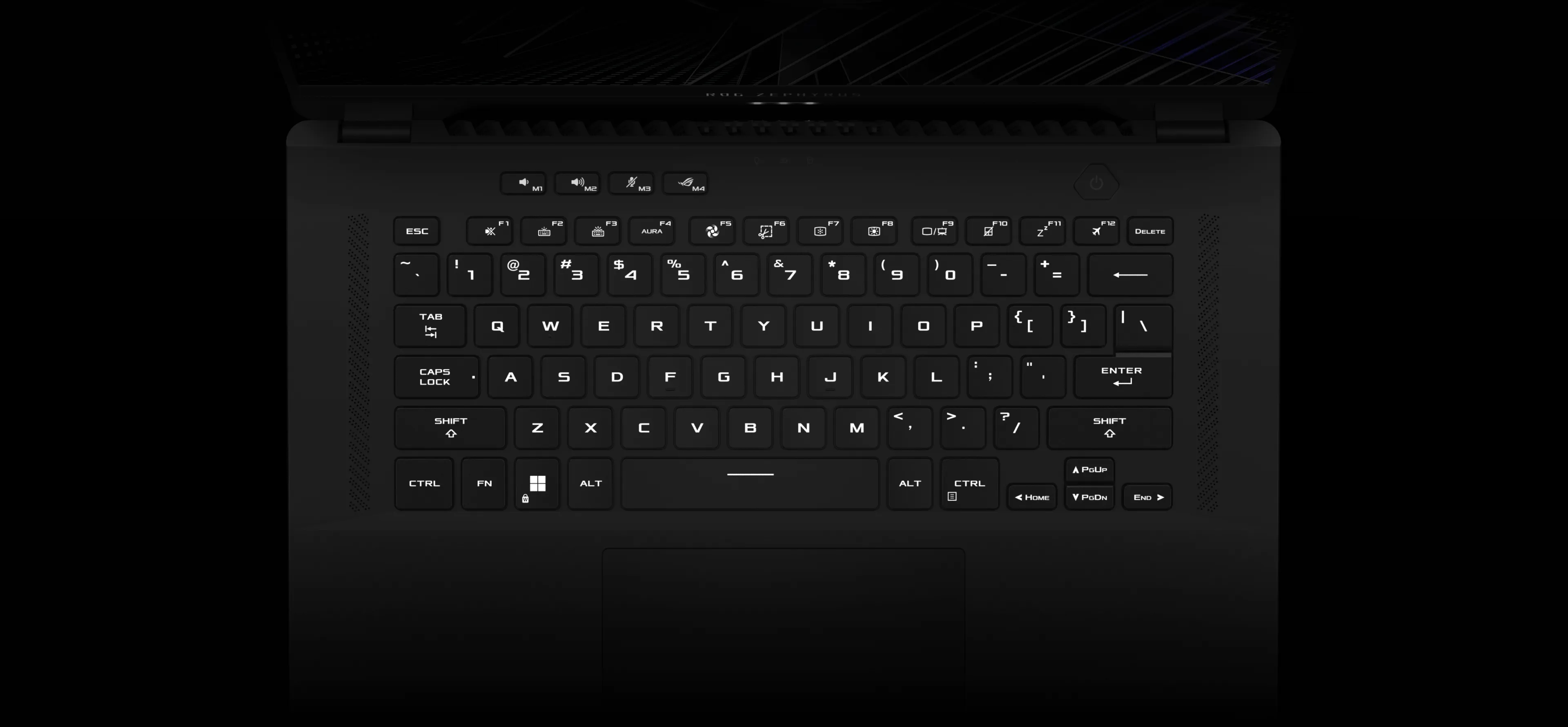 Keyboard of the M16, with single zone RGB illumination shown on keycaps.