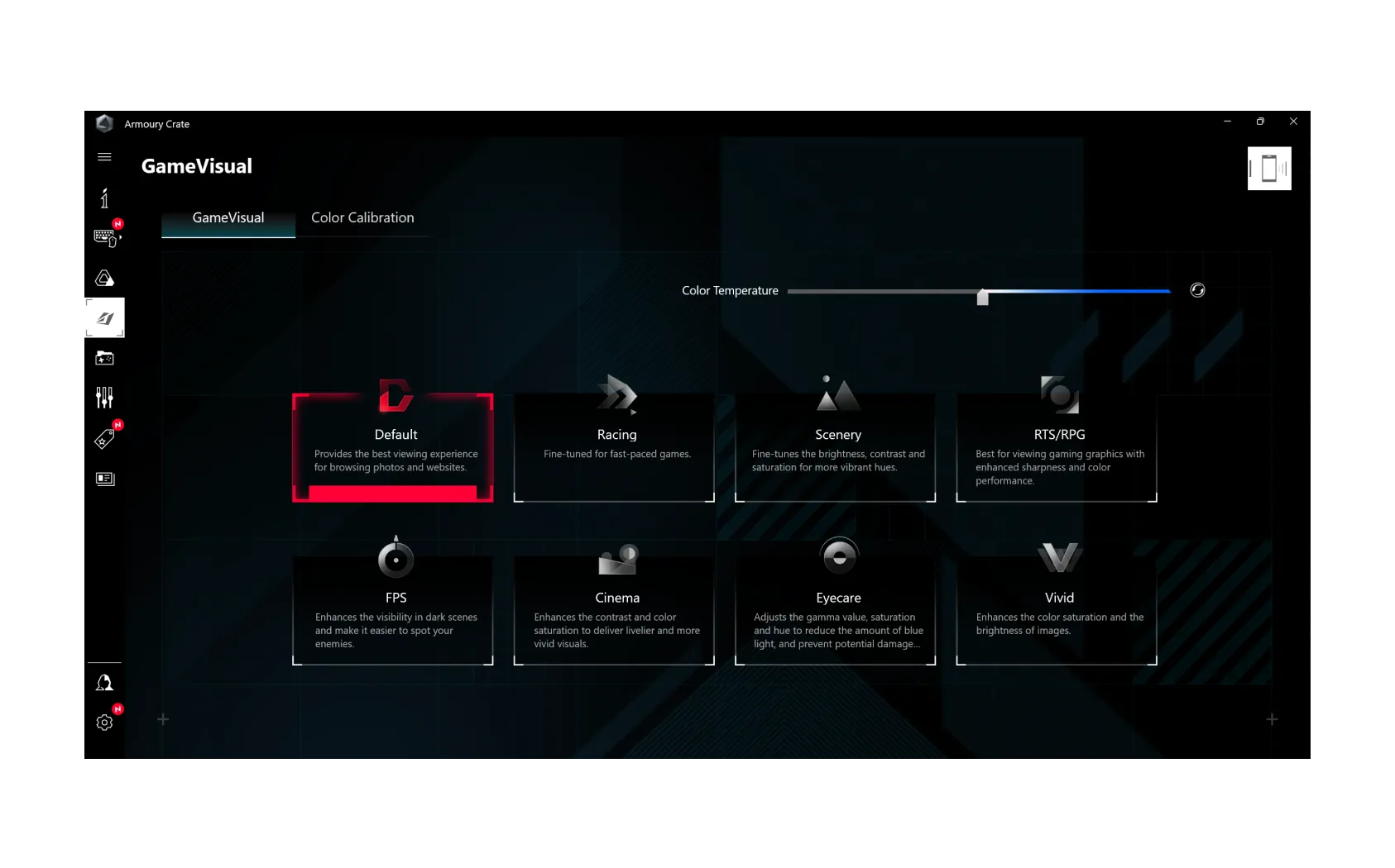 عرض لقائمة إعدادات Game Visual في Armoury Crate.