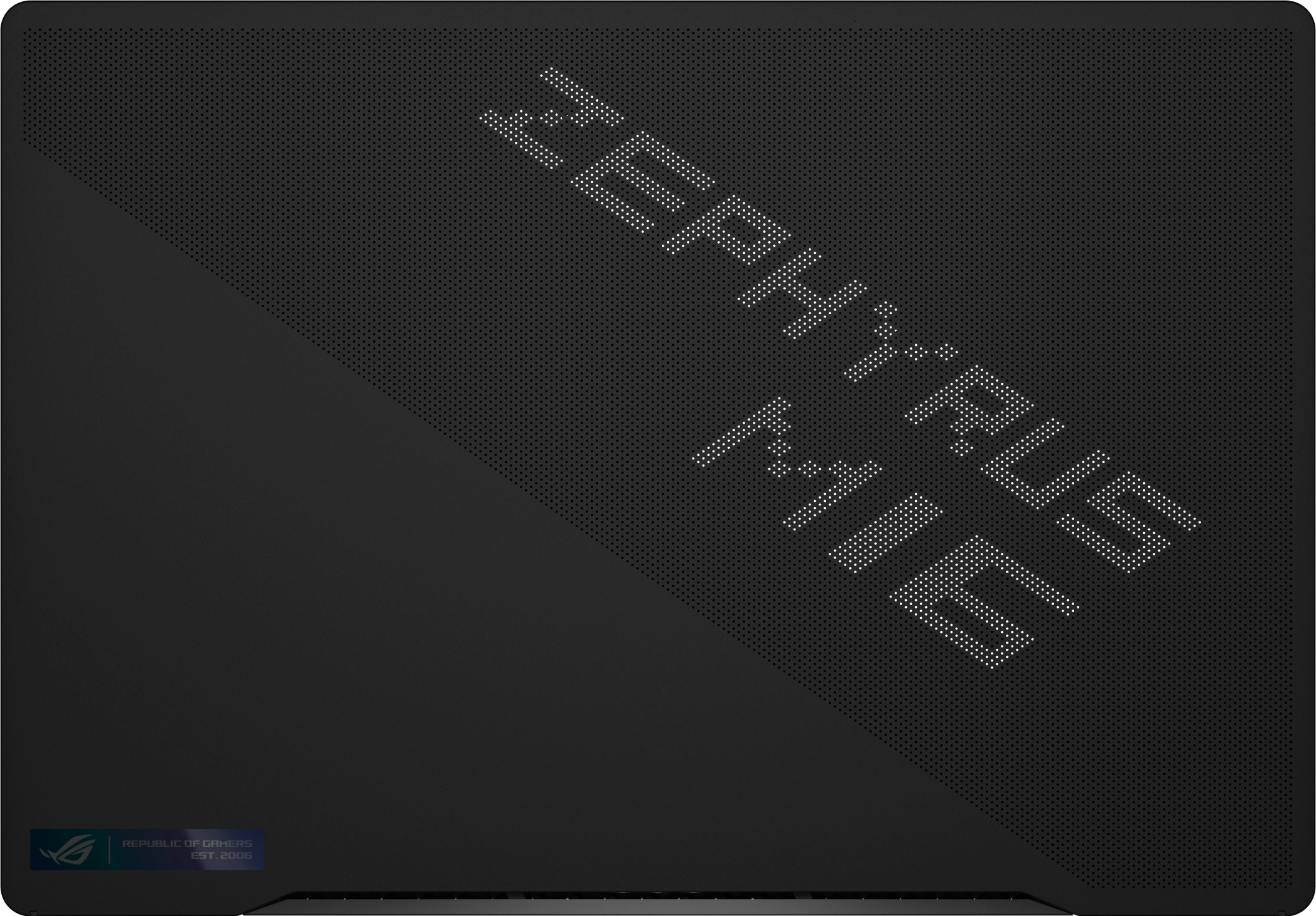 Az aktív AniMe Matrix™ módok elölnézete, a „Zephyrus M16” felirattal a képernyőn.