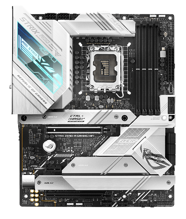 The ROG Strix Z690-A Gaming WiFi features a CPU fan header, an AIO pump header, M.2 Heatsinks, and 4-pin PWM/DC Fan Headers.