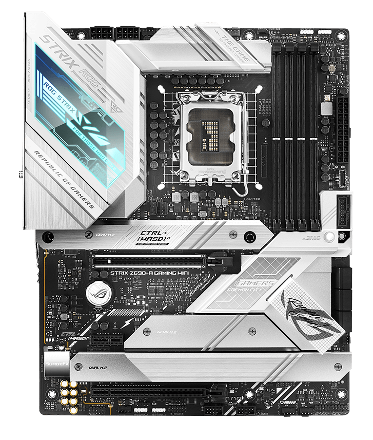 Le ROG Strix Z690-A Gaming WiFi dispose d’un connecteur de ventilateur de CPU, d’un connecteur de pompe AIO, de dissipateurs thermiques M.2 et de connecteurs de ventilateur PWM/DC à 4 broches.