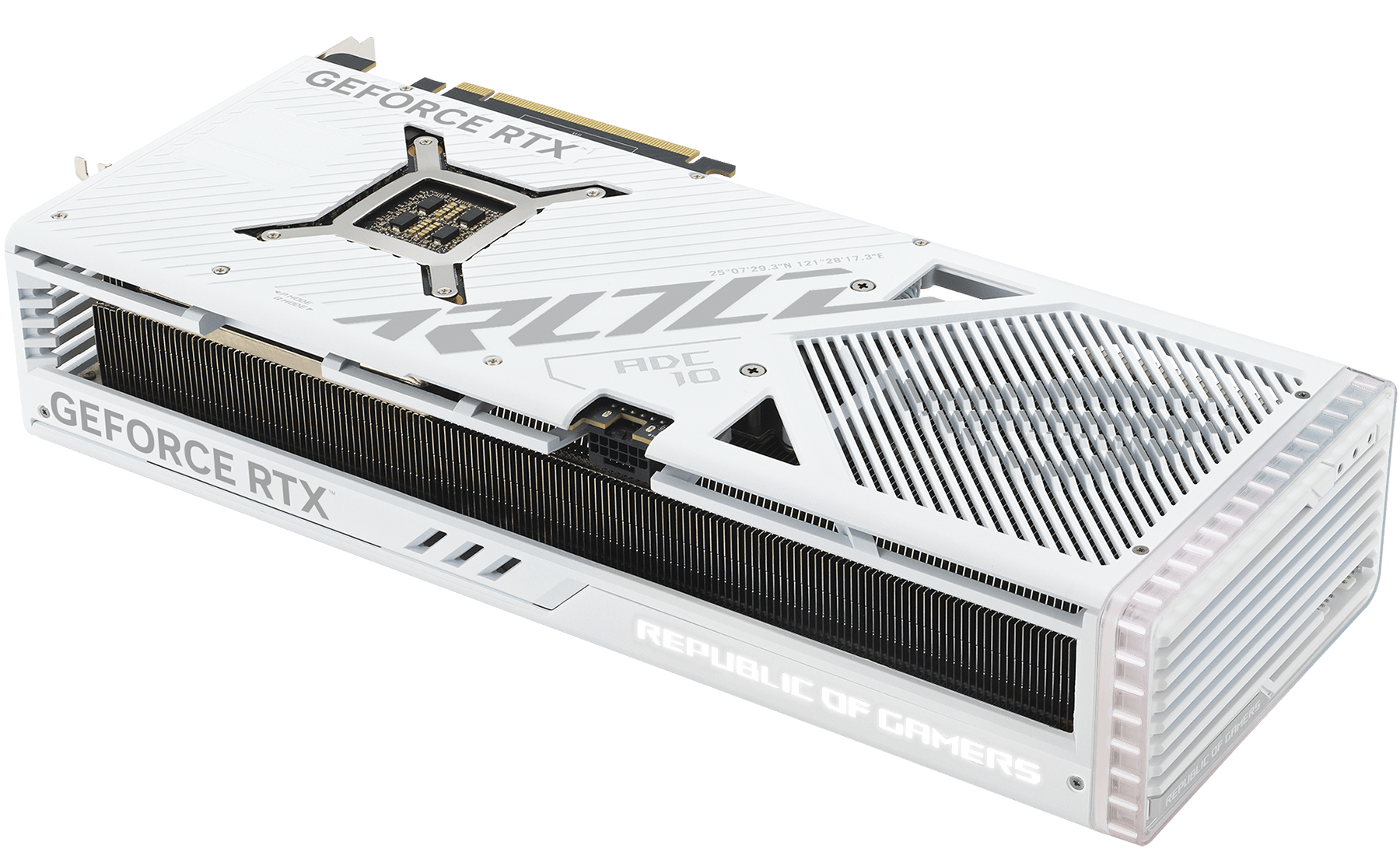 Vue en angle de la carte graphique ROG Strix GeForce RTX 4090, mettant en évidence l'élément ARGB