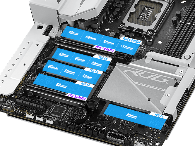 The ROG Maximus Z790 Formula features five M.2 slots, one of them is an on-board PCIe Gen 5, while the remaining four are PCIe Gen 4. And The ROG Maximus Z790 Formula also features two PCIe 5.0 expansion slots.