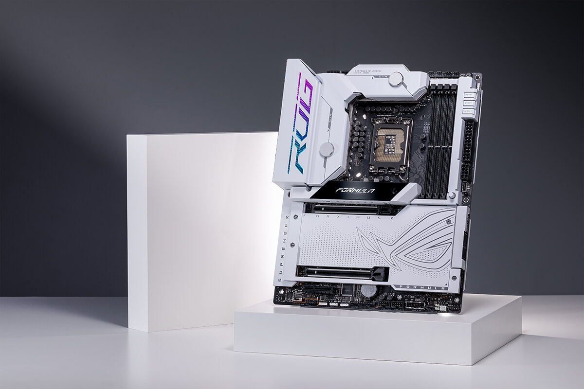 Front view of the ROG Maximus Z790 Formula placed on a white platform.