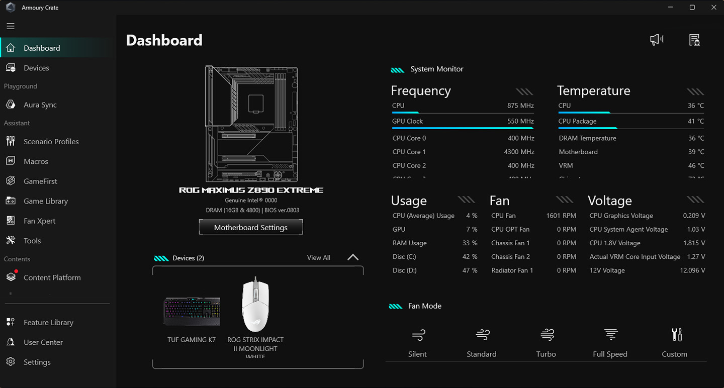 UI of Armoury Crate in ASUS theme