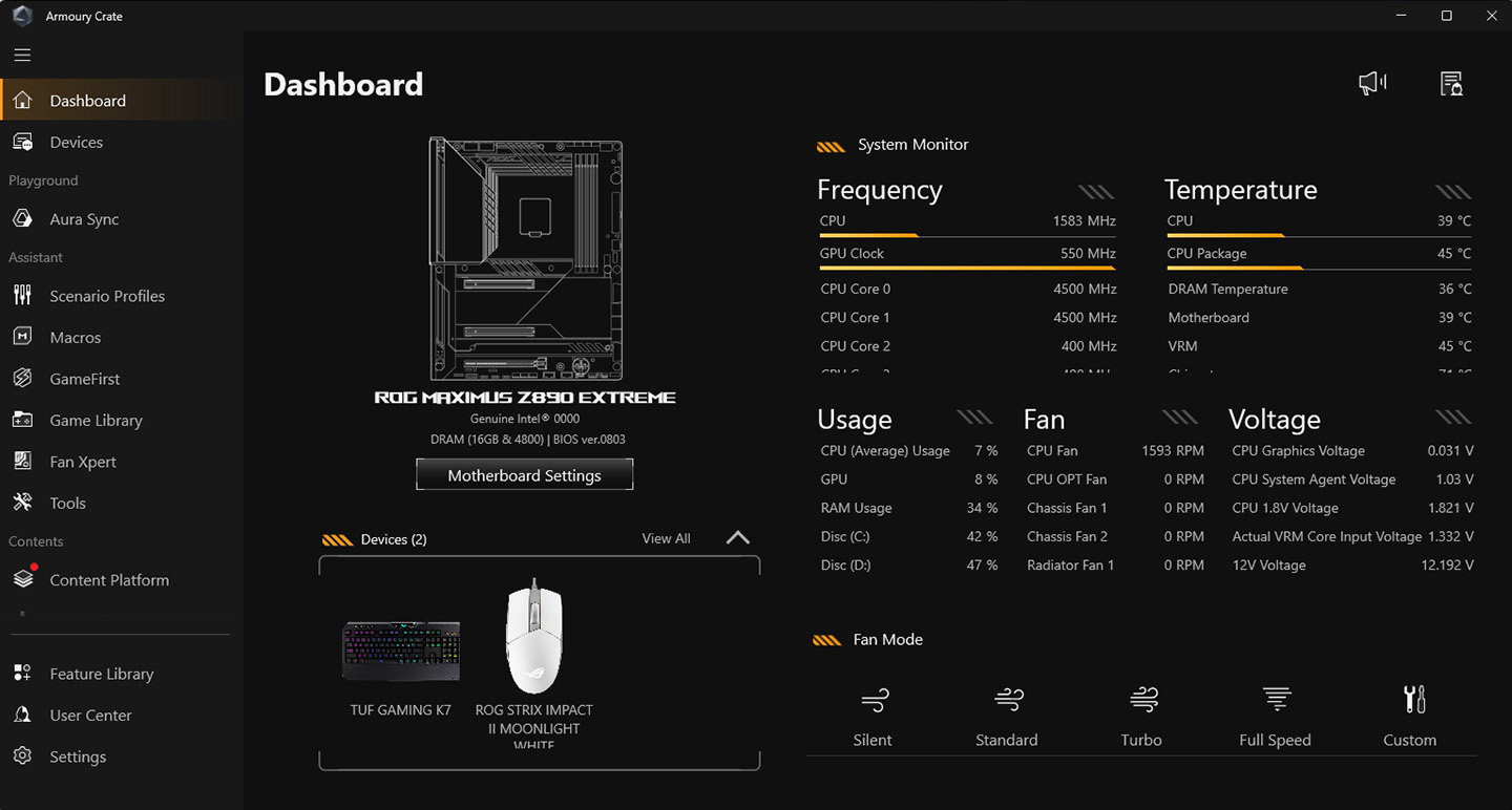 UI of Armoury Crate in TUF Gaming theme