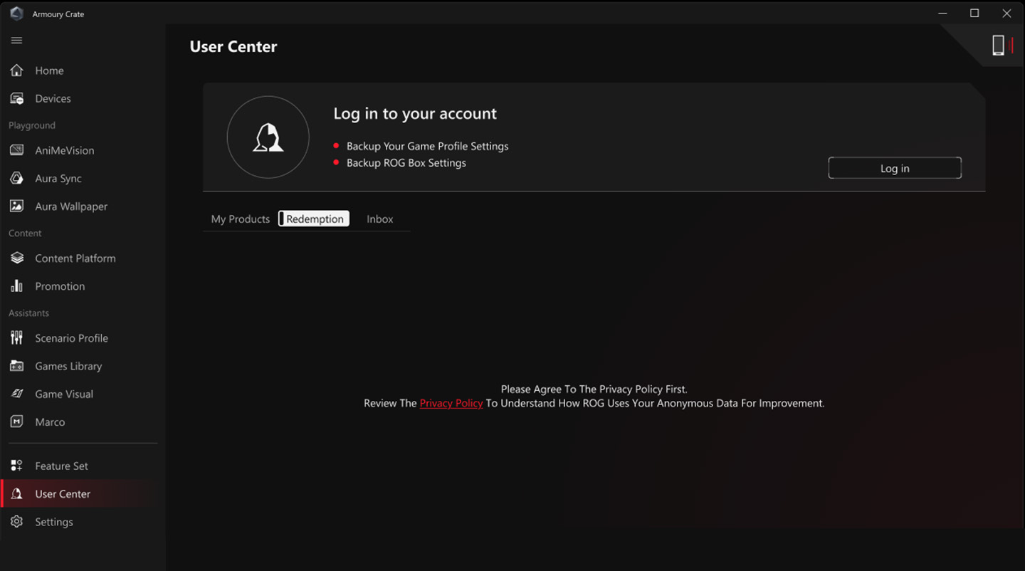 UI of Armoury Crate Update Center