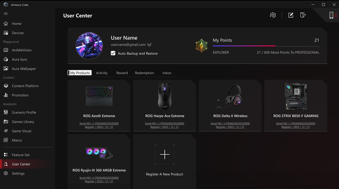 UI of Armoury Crate User Center