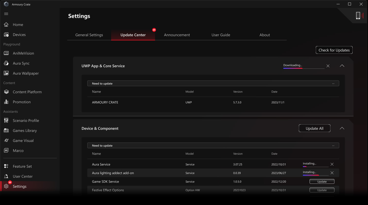 UI of Armoury Crate User Center