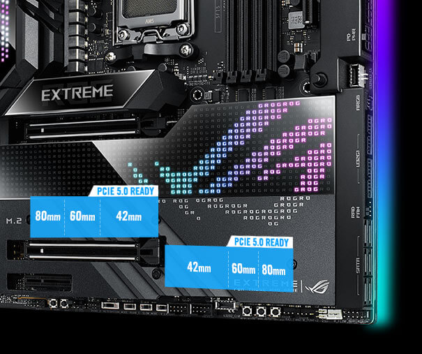 La ROG Crosshair X670E Extreme dispose de deux emplacements M.2 PCIe 5.0-ready.